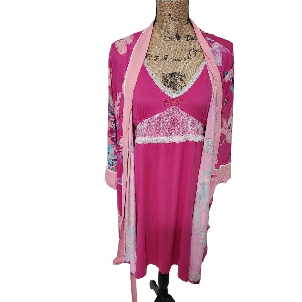 Nanette Lepore Pink Floral Butterfly Robe and Lace Nightgown Set SLS3290 2X/1X